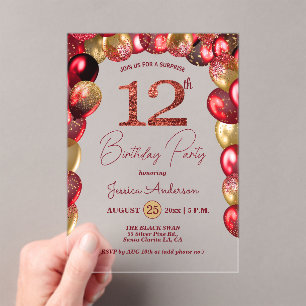 Surprise 12th Birthday Party Gold Burgundy Glitter Acrylic Invitations