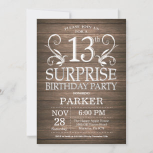Surprise 13e anniversaire Invitation Bois rustique