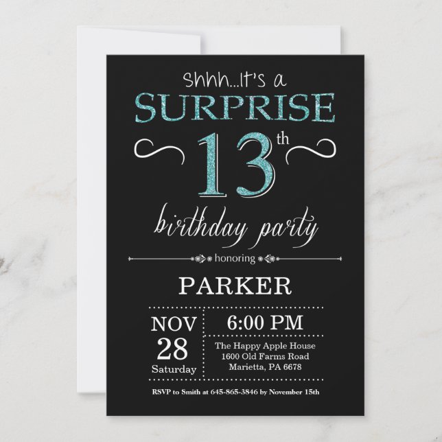 Surprise 13e anniversaire Invitation Noir et Turqu (Devant)