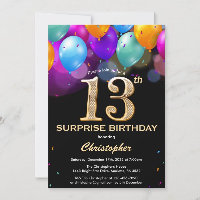 Surprise 13th Birthday Black and Gold Balloons Invitation (Front)
