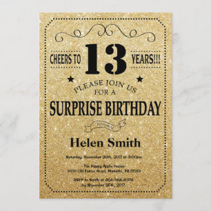 Surprise 13th Birthday Black and Gold Glitter Invitation