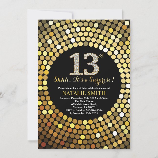 Surprise 13th Birthday Black and Gold Glitter Invitation (Front)
