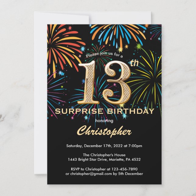 Surprise 13th Birthday Black Gold Rainbow Firework Invitation (Front)