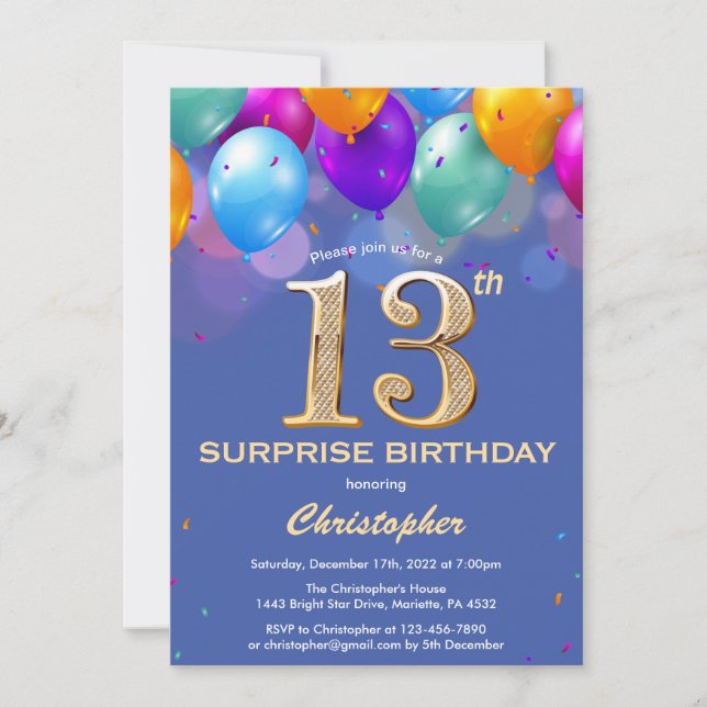 Surprise 13th Birthday Blue and Gold Balloons Invitation (Front)