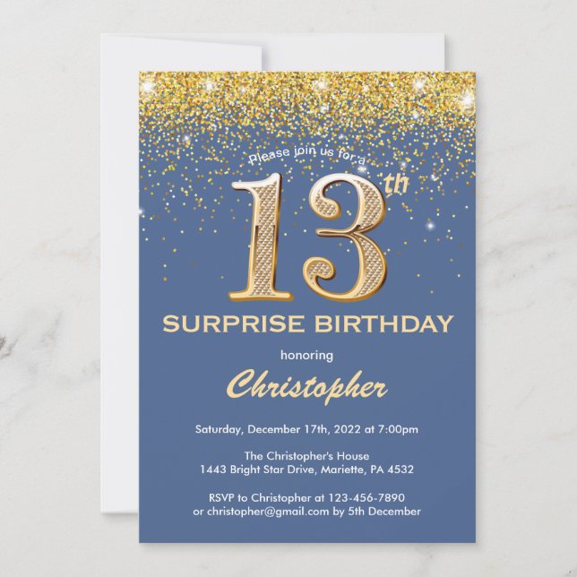 Surprise 13th Birthday Blue and Gold Glitter Invitation (Front)