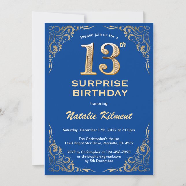 Surprise 13th Birthday Blue and Gold Glitter Invitation (Front)