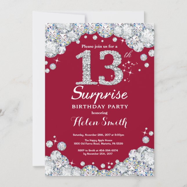 Surprise 13th Birthday Burgundy Red Silver Diamond Invitation (Front)