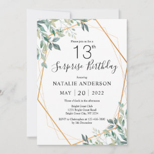 Surprise 13th Birthday Eucalyptus Greenery & Gold Invitation