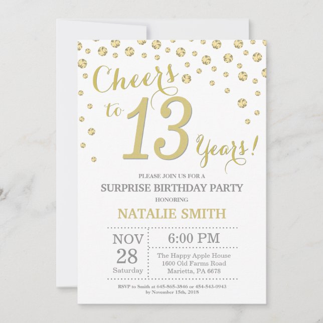 Surprise 13th Birthday Gold Glitter Diamond Invitation (Front)