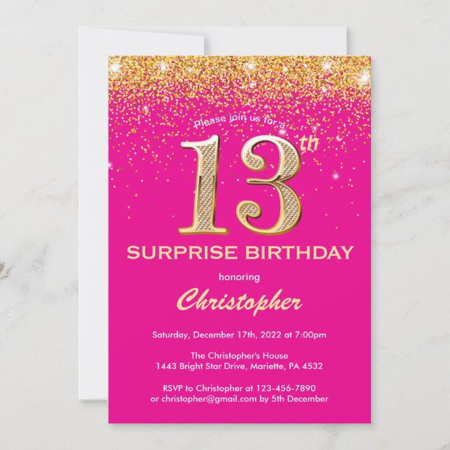 Surprise 13th Birthday Hot Pink and Gold Glitter Invitation (Front)