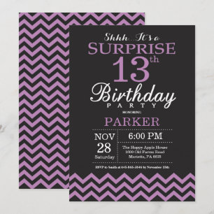Surprise 13th Birthday Invitation Black and Purple