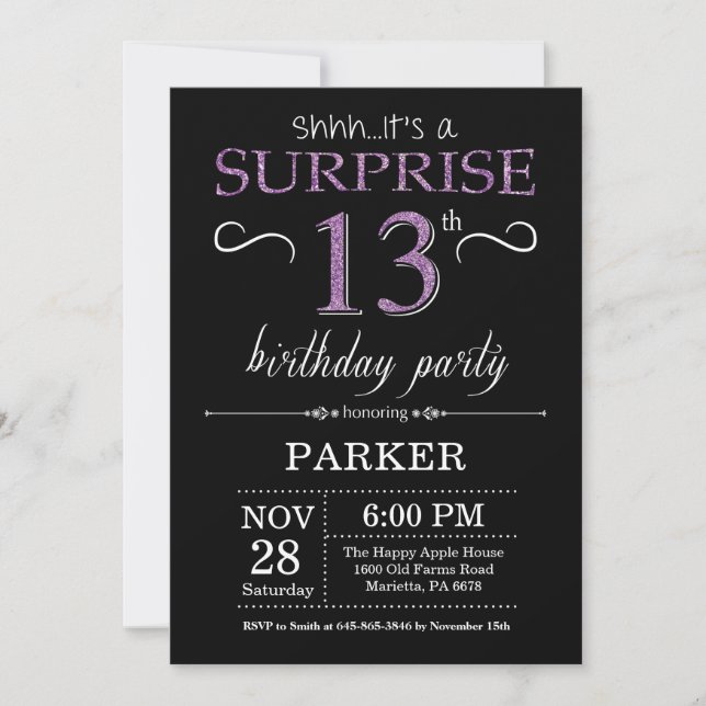 Surprise 13th Birthday Invitation Black and Purple (Front)