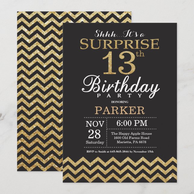 Surprise 13th Birthday Invitation Gold Glitter (Front/Back)