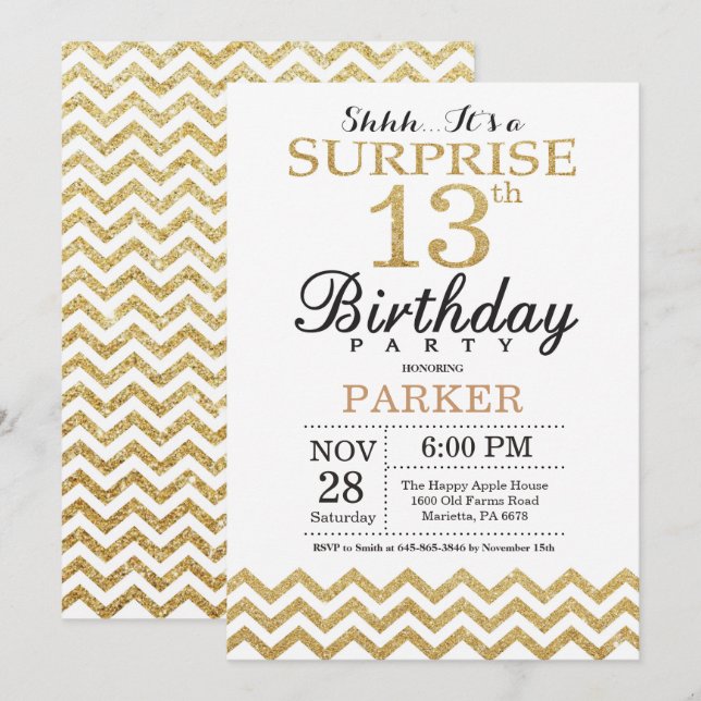 Surprise 13th Birthday Invitation Gold Glitter (Front/Back)