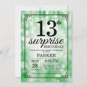 Surprise 13th Birthday Invitation Green Glitter