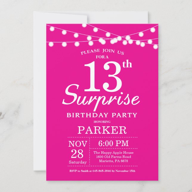 Surprise 13th Birthday Invitation Hot Pink (Front)