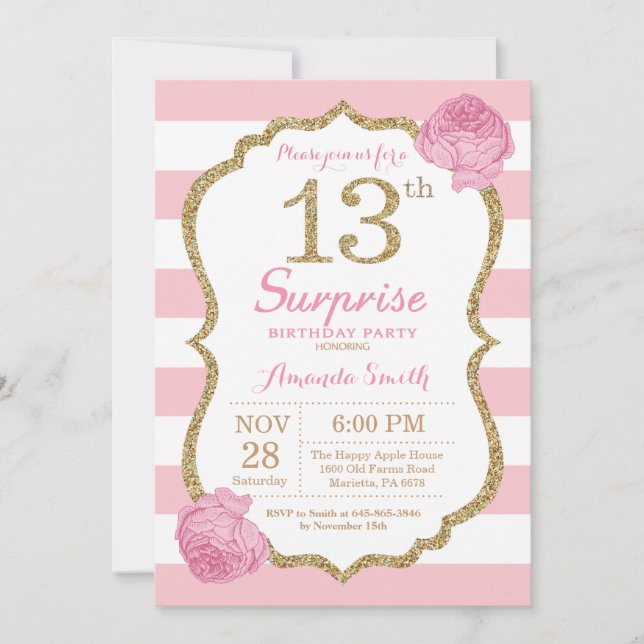 Surprise 13th Birthday Invitation Pink and Gold (Front)