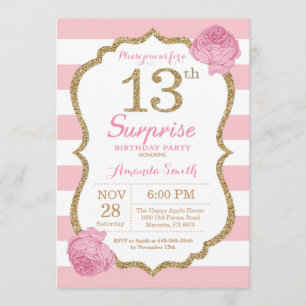 Surprise 13th Birthday Invitation Pink and Gold