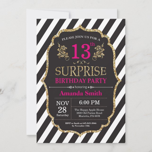 Surprise 13th Birthday Invitation Pink Black Gold (Front)