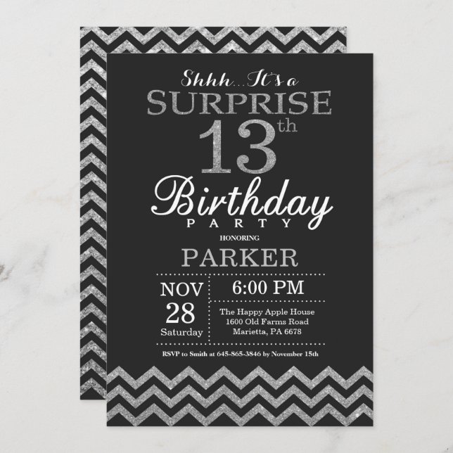 Surprise 13th Birthday Invitation Silver Glitter (Front/Back)