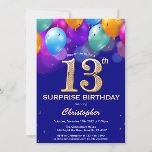 Surprise 13th Birthday Navy Blue and Gold Balloons Invitation