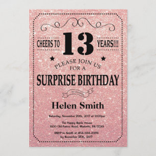 Surprise 13th Birthday Pink Rose Gold Glitter Invitation