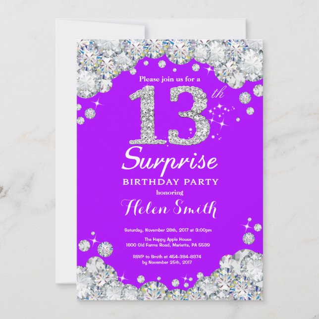 Surprise 13th Birthday Purple and Silver Diamond Invitation (Front)