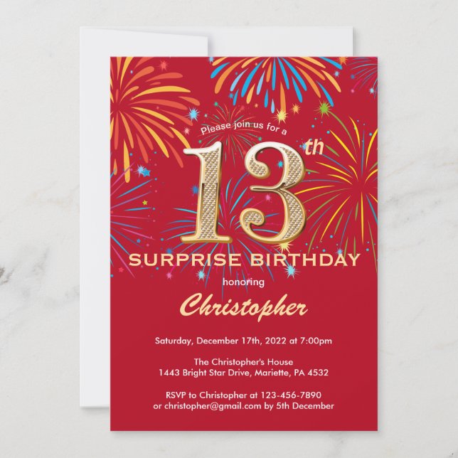 Surprise 13th Birthday Red & Gold Rainbow Firework Invitation (Front)