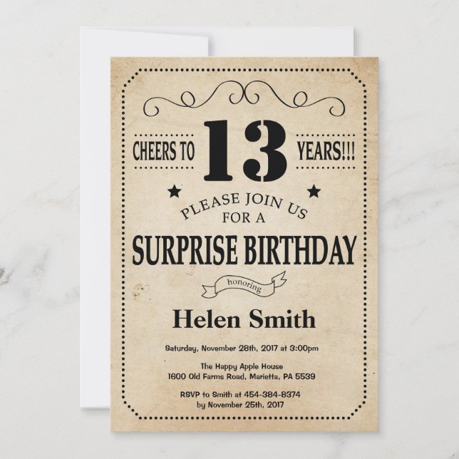 Surprise 13th Birthday Rustic Vintage Retro Invitation (Front)