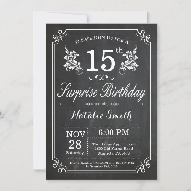 Surprise 15e anniversaire Invitation Chalkboard (Devant)
