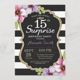 Surprise 15e anniversaire Invitation Floral Gold