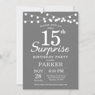 Surprise 15e anniversaire Invitation Gris et blanc
