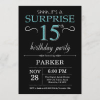 Surprise 15e anniversaire Invitation Noir et Turqu