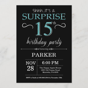 Surprise 15e anniversaire Invitation Noir et Turqu