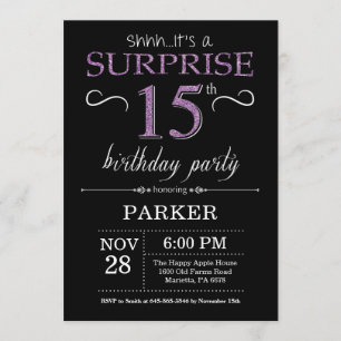 Surprise 15e anniversaire Invitation noir et viole