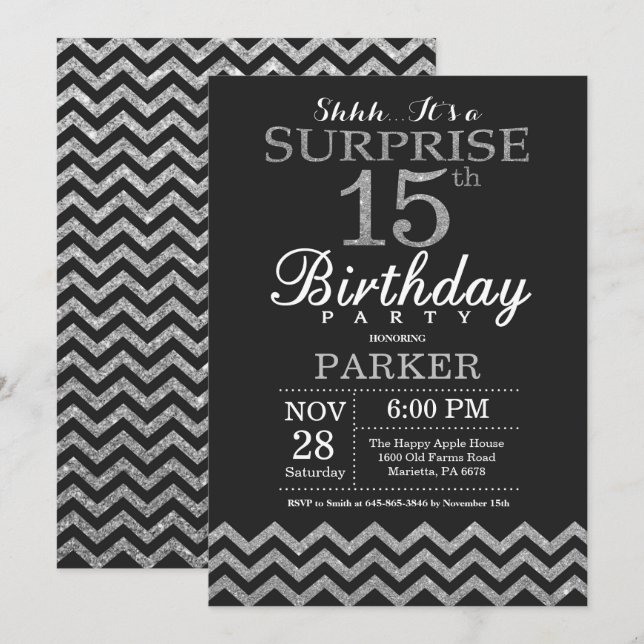 Surprise 15e anniversaire Invitation Parties scint (Devant / Derrière)