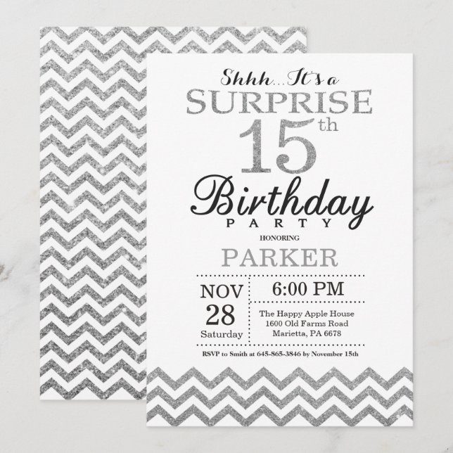 Surprise 15e anniversaire Invitation Parties scint (Devant / Derrière)
