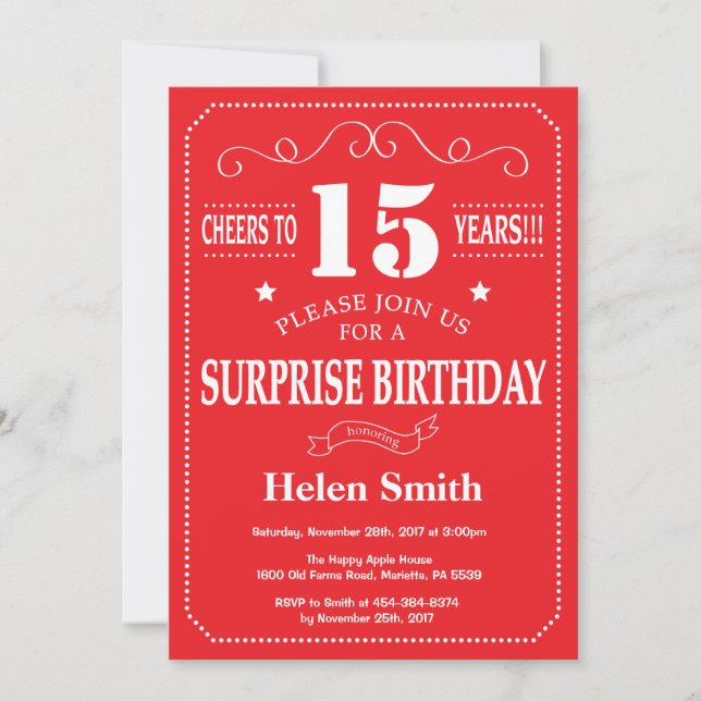 Surprise 15e anniversaire Invitation rouge et blan (Devant)
