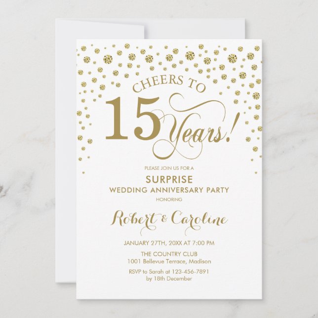 Surprise 15th Anniversary Celebration - Gold White Invitation (Front)