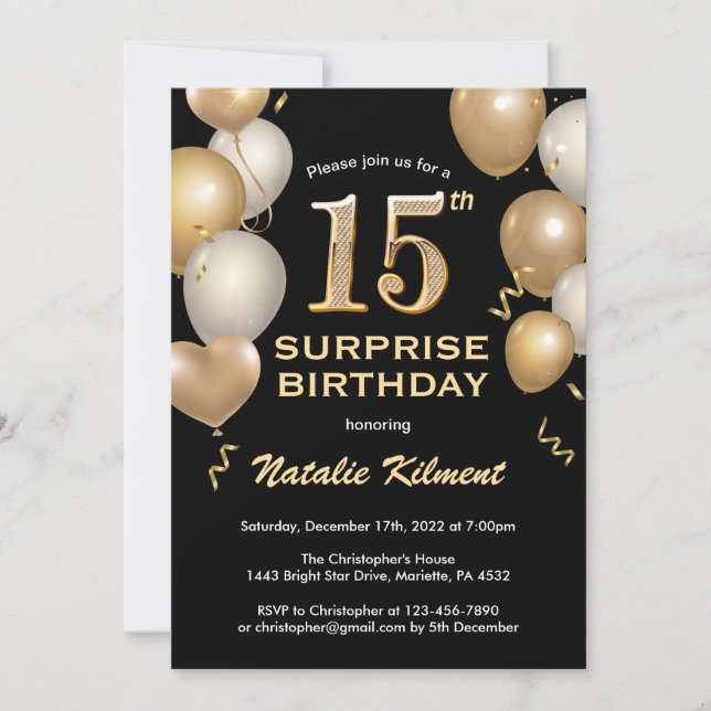 Surprise 15th Birthday Black and Gold Balloons Invitation (Front)