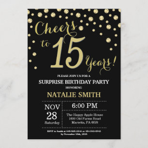Surprise 15th Birthday Black and Gold Diamond Invitation