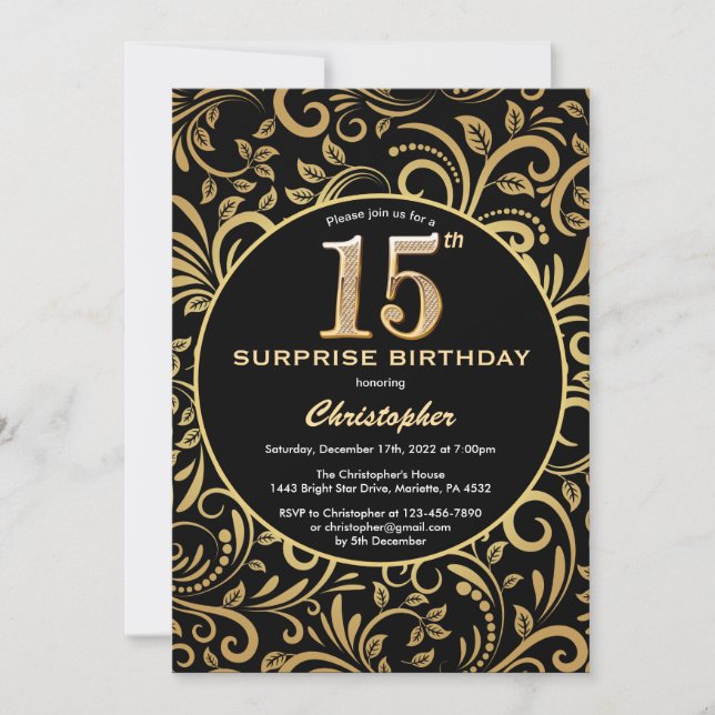 Surprise 15th Birthday Black and Gold Floral Invitation (Front)