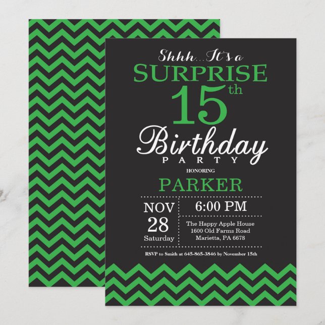 Surprise 15th Birthday Black and Green Chevron Invitation (Front/Back)