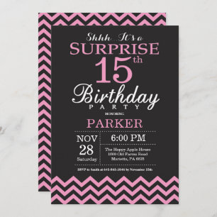 Surprise 15th Birthday Black and Pink Chevron Invitation