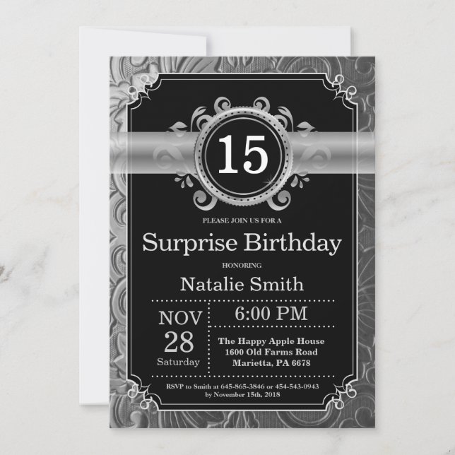 Surprise 15th Birthday Black and Silver Glitter Invitation (Front)