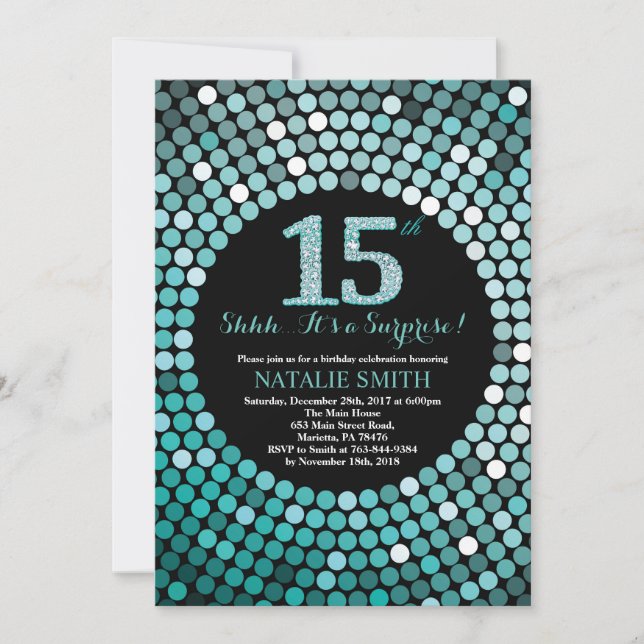 Surprise 15th Birthday Black and Teal Glitter Invitation (Front)