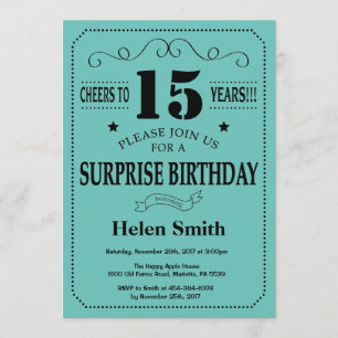 Surprise 15th Birthday Black and Teal Invitation
