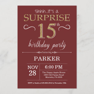 Surprise 15th Birthday Burgundy and Gold Glitter Invitation