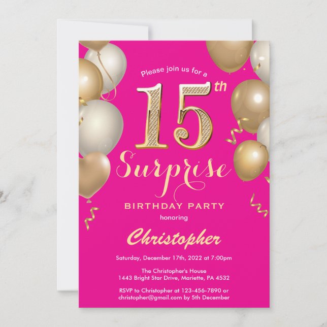 Surprise 15th Birthday Hot Pink and Gold Balloons Invitation (Front)