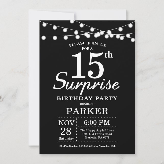 Surprise 15th Birthday Invitation Black and White (Front)